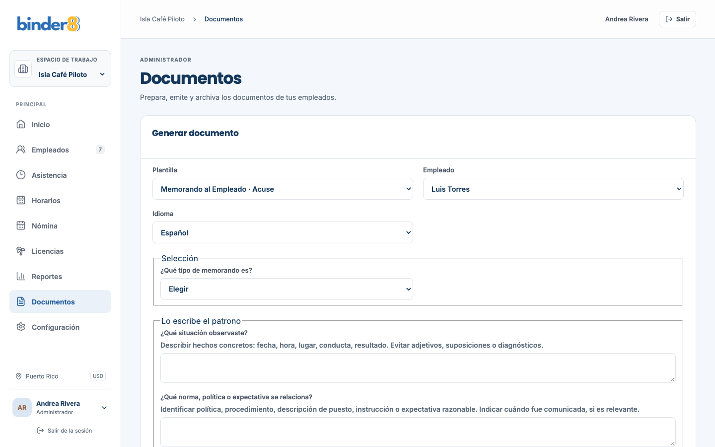Pantalla para generar un documento con sus preguntas