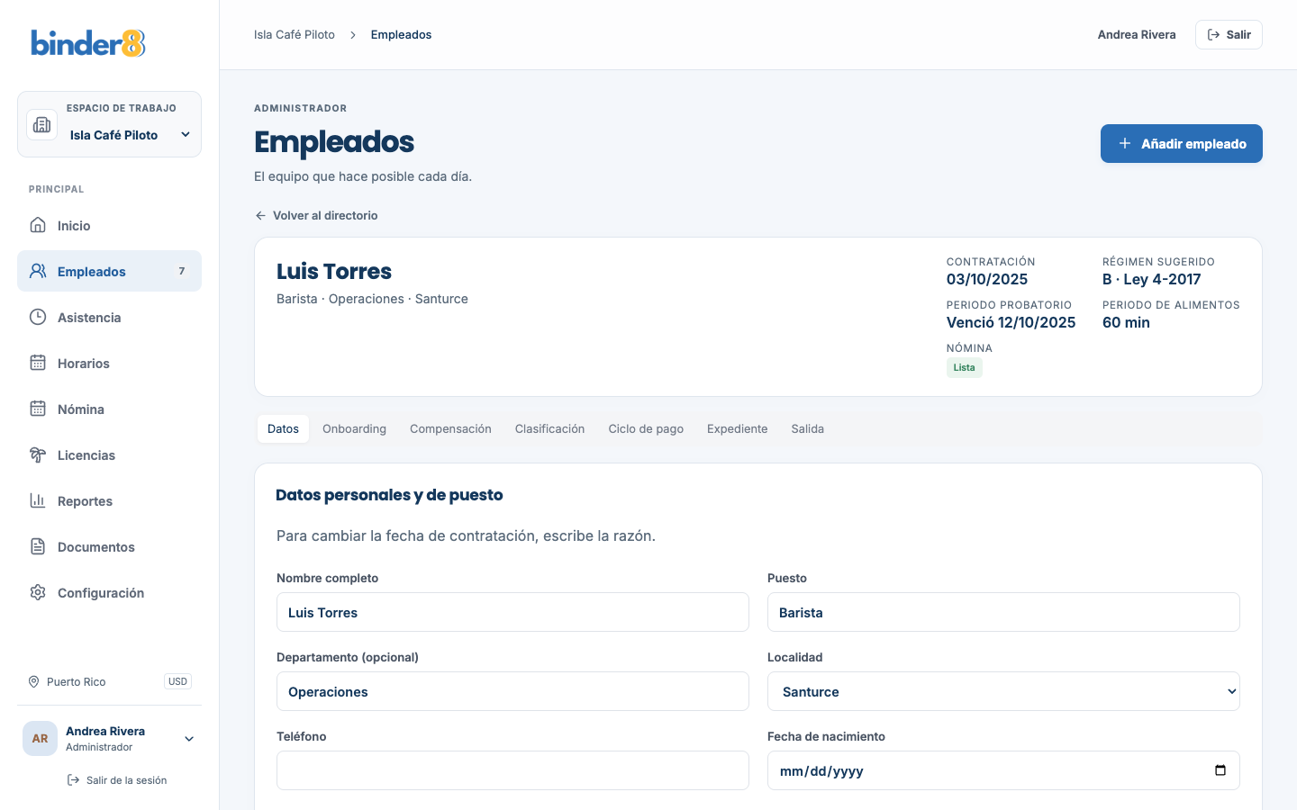 Expediente de un empleado con sus datos y su cumplimiento