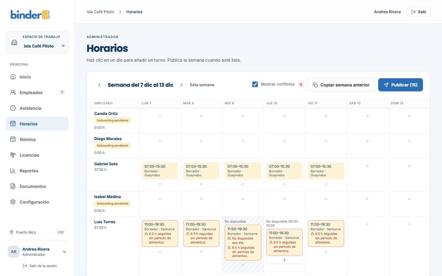 Cuadrícula semanal de horarios con turnos y avisos