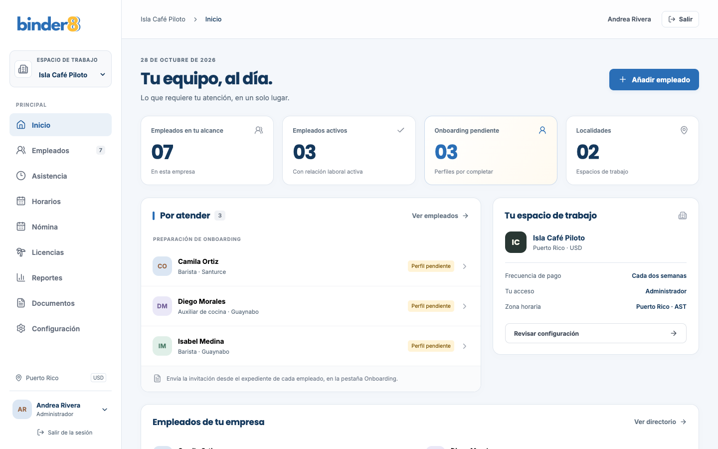 Inicio de Binder8 con el resumen del equipo y los pendientes
