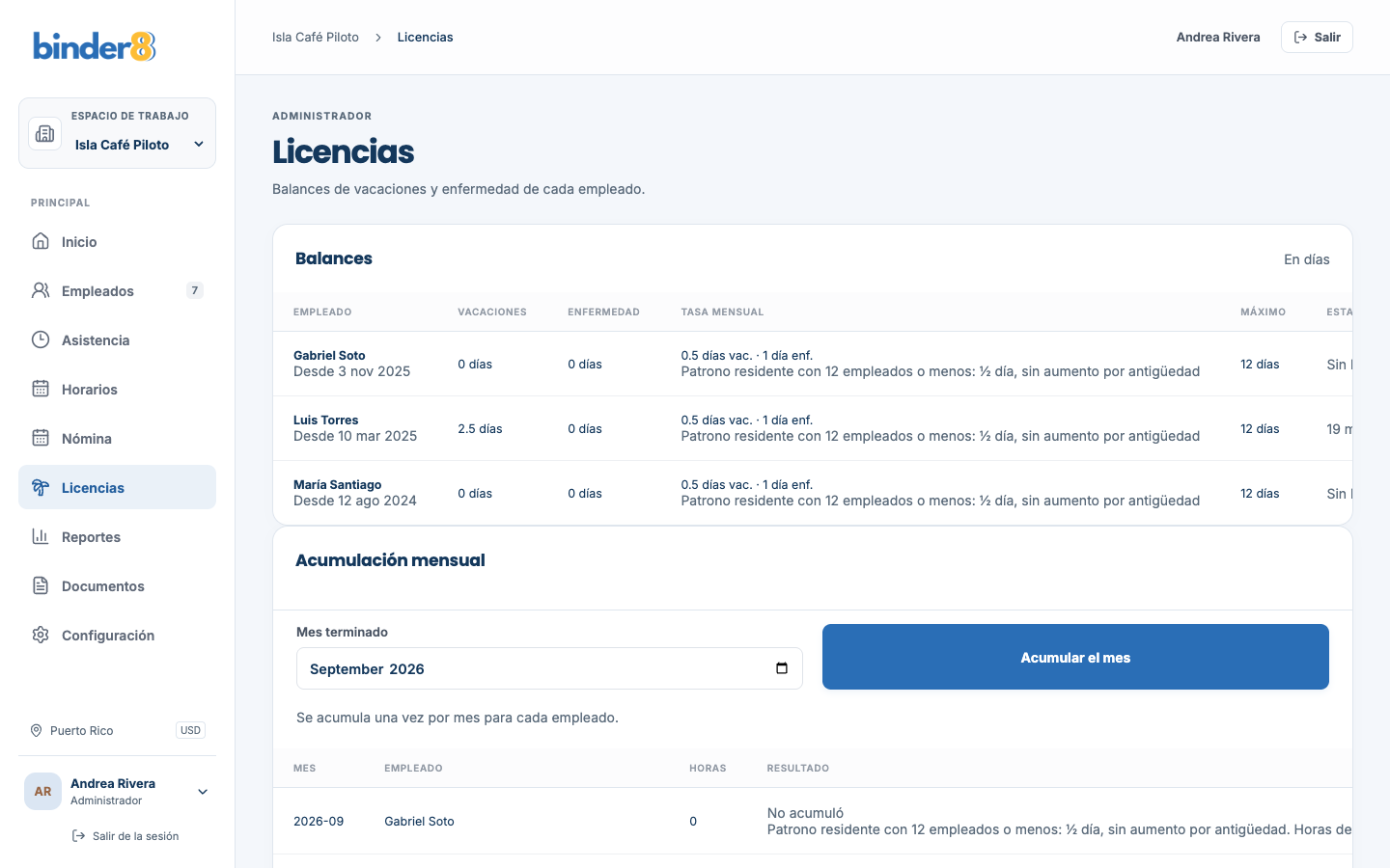 Balances de vacaciones y enfermedad por empleado