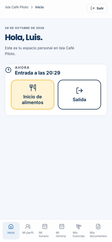 Portal del empleado en el teléfono con los botones de ponche