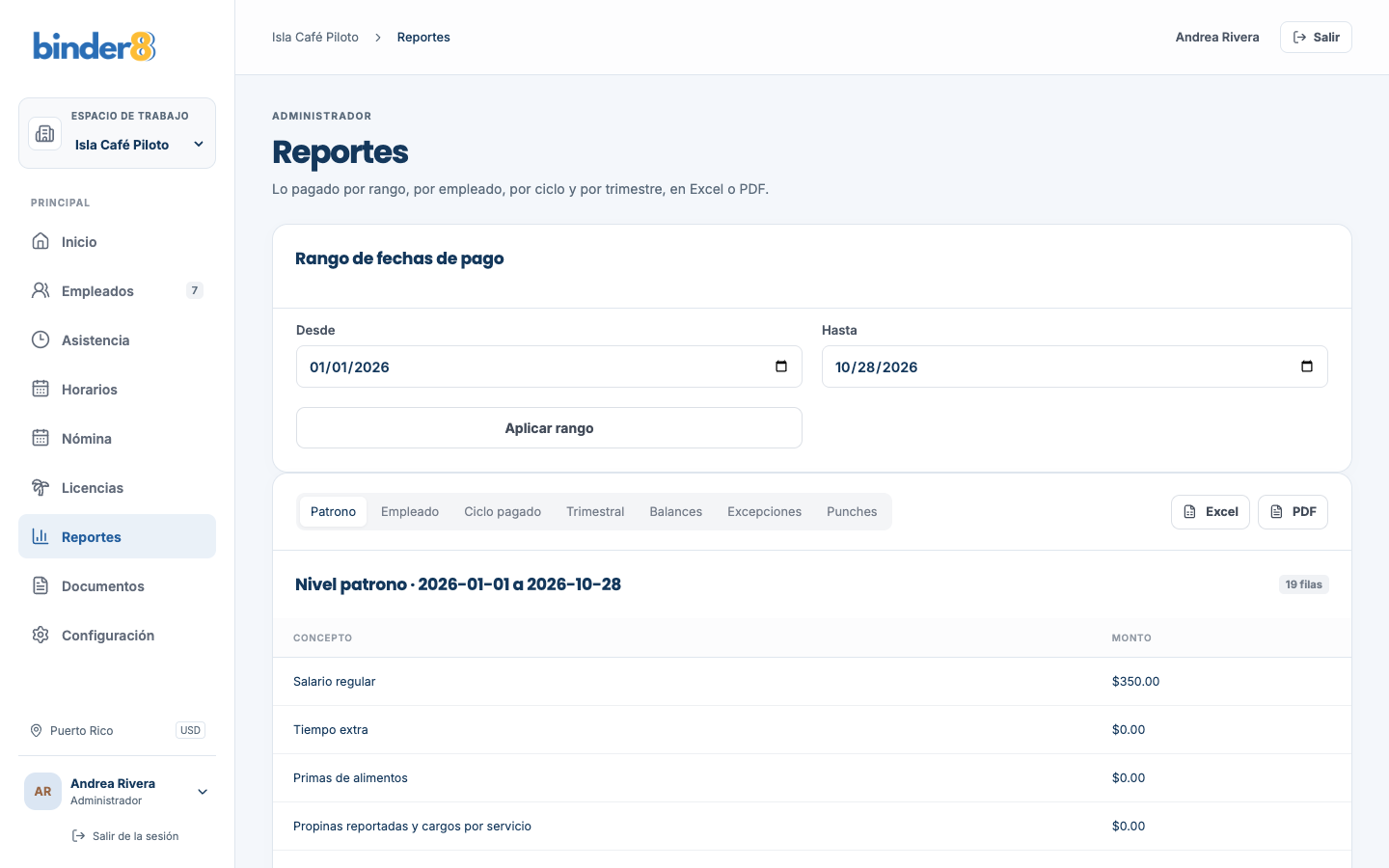 Pantalla de reportes con filtros por periodo